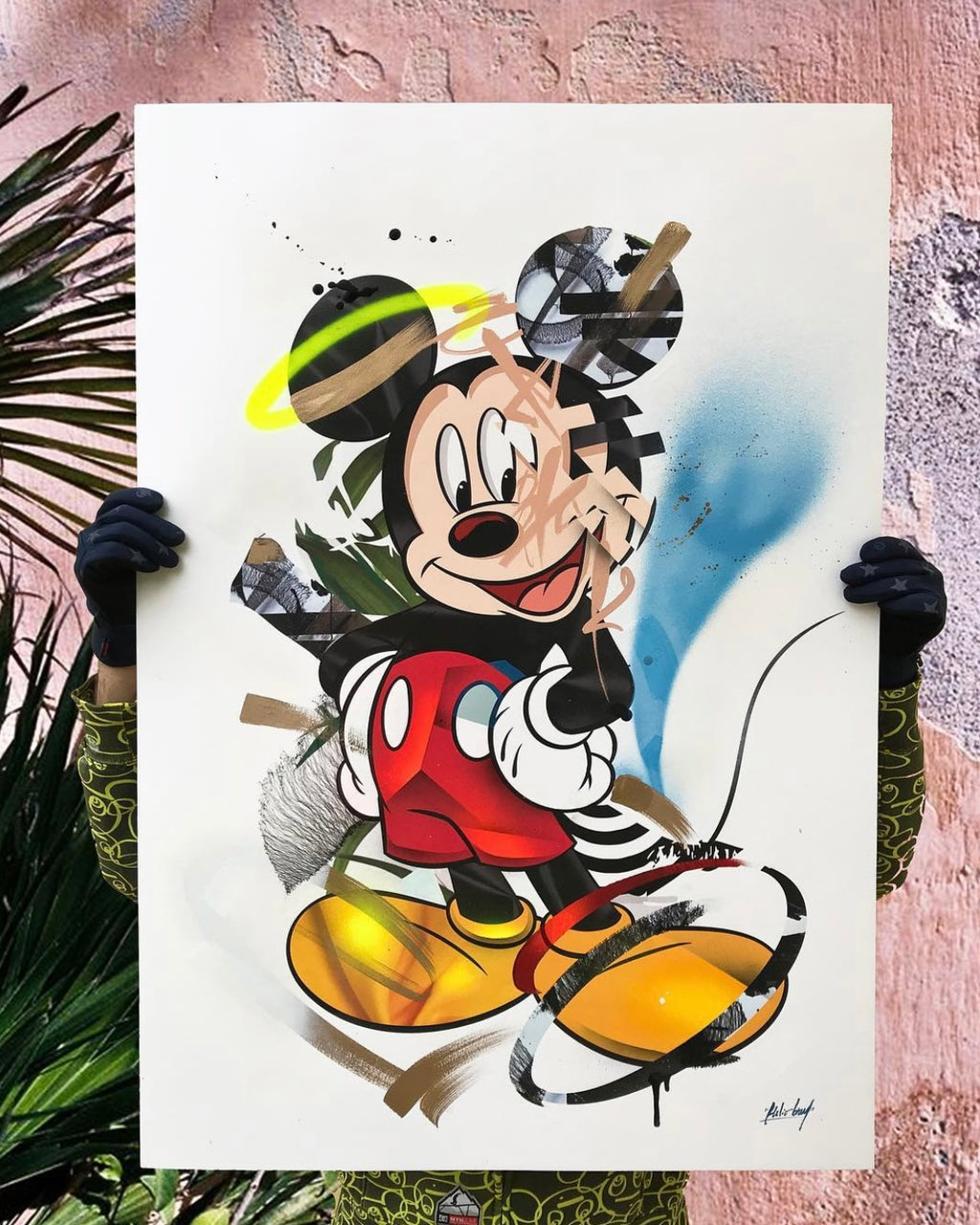"Supreme" Mickey Hand Embellished Print - Custom Framed -  Paper and Fabric